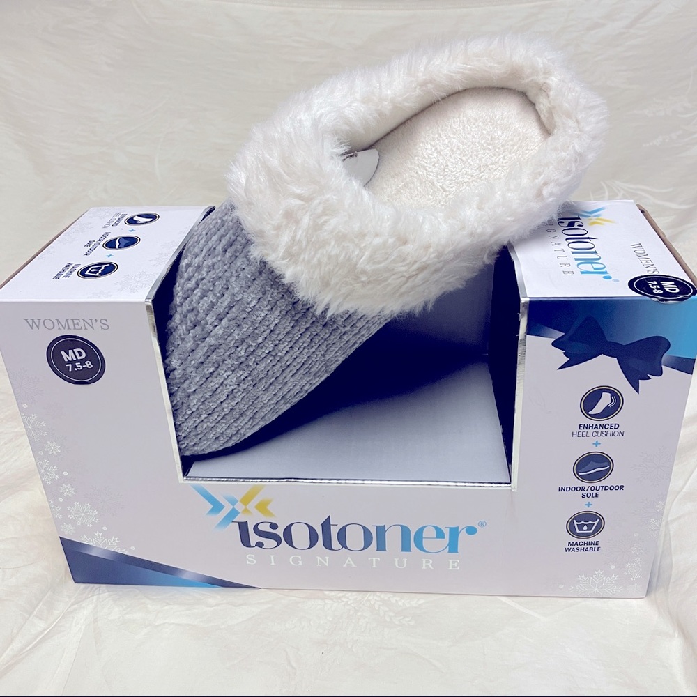 NWT - Isotoner Grey Knit and White Fuzzy Slippers 7.5/8